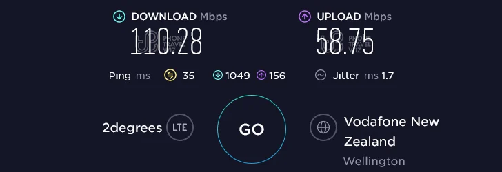 Warehouse Mobile NZ Speed Test at Wellington Central McDonald's Lambton Quay in Wellington (58.75 Mbps)