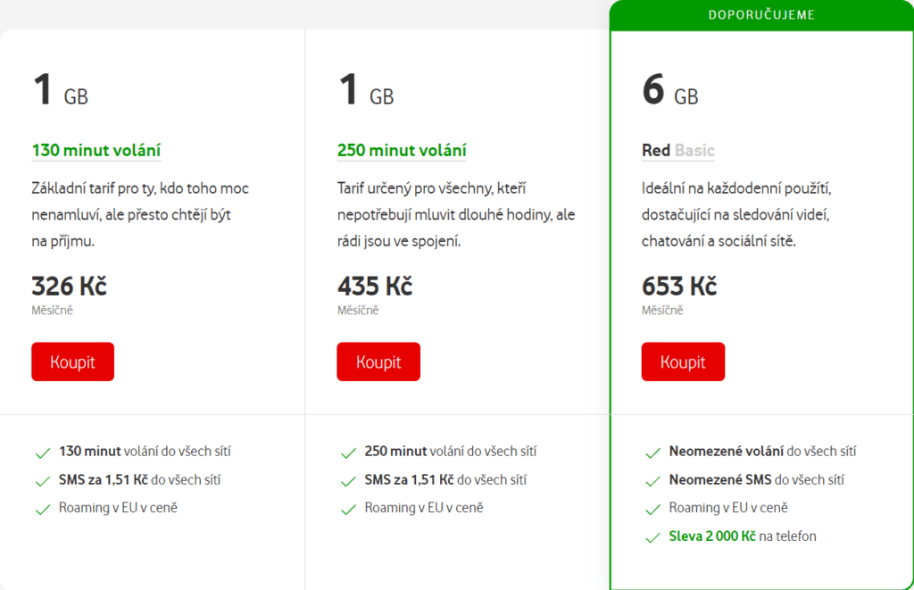 Vodafone Czech Republic Základní tarify Basic Tariff plans
