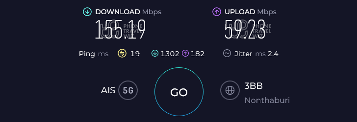 AIS Thailand Speed Test at Bangkok Don Mueang International Airport Domestic Terminal Arrivals Hall (155.19 Mbps)