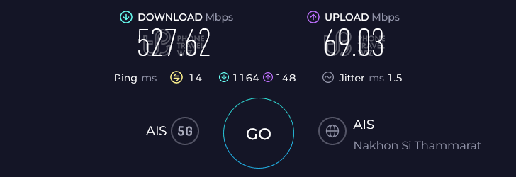 AIS Thailand Speed Test at Koh Samui Bo Put (527.62 Mbps)