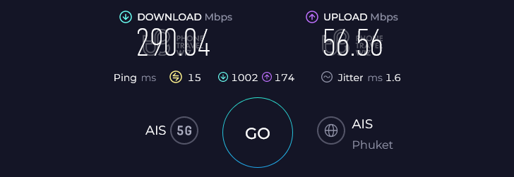 AIS Thailand Speed Test at Koh Samui Surat Thani Beach (290.04 Mbps)