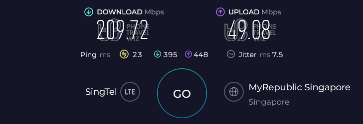 Airalo Connect Lah! Singapore eSIM Speed Test at Bef Outram Flyover Bus Stop (209.72 Mbps)