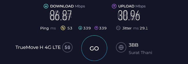 TrueMove H Thailand Speed Test at Koh Samui Bo Put (86.87 Mbps)