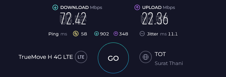 TrueMove H Thailand Speed Test at Koh Samui Maenam Morning Market (72.42 Mbps)