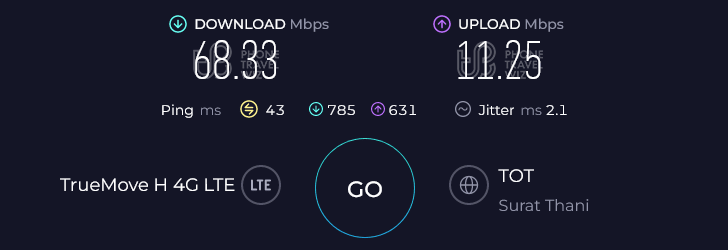 TrueMove H Thailand Speed Test at Koh Samui Surat Thani Beach (68.33 Mbps)