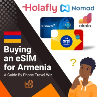 Buying an eSIM for Armenia Guide (logos of Holafly, Nomad, Discover+, Airalo & Arpi Telecom)