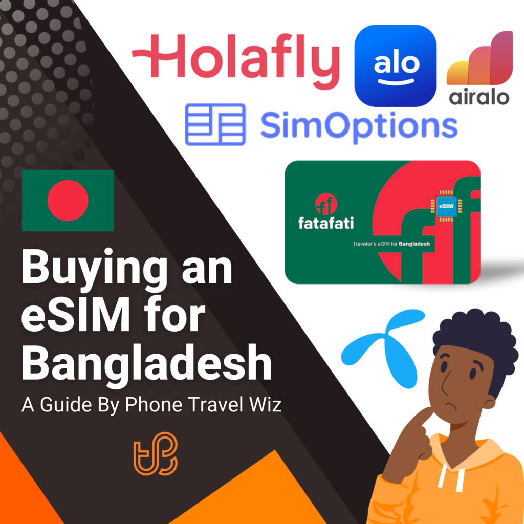 Buying an eSIM for Bangladesh Guide (logos of Holafly, Alosim, Airalo, SimOptions & Fatafati)