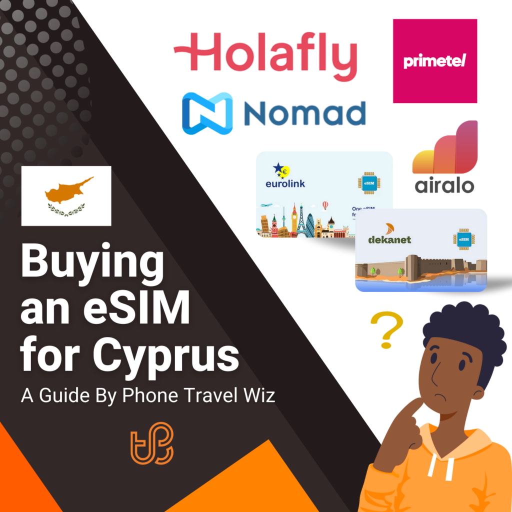 Buying an eSIM for Cyprus Guide (logos of Holafly, Primetel, Nomad, Eurolink, Airalo & Dekanet)