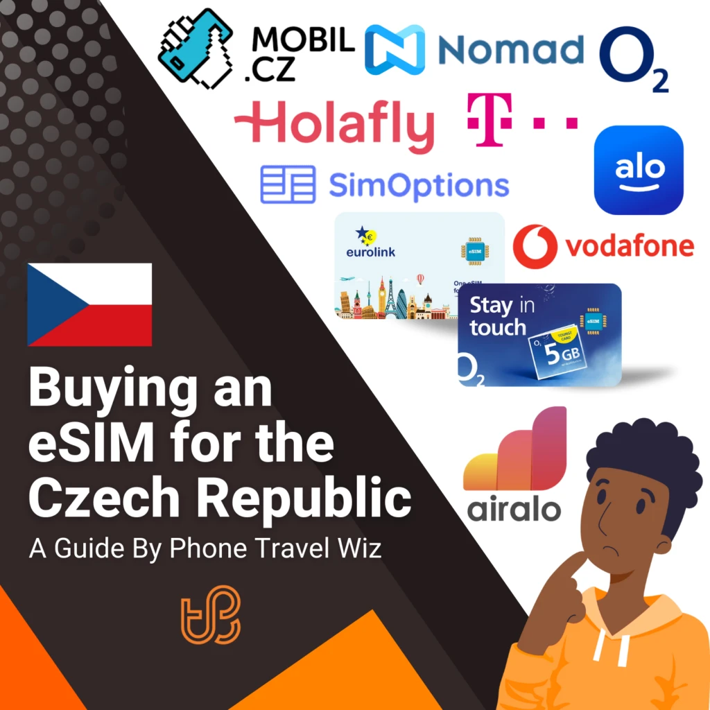 Buying an eSIM for The Czech Republic Guide (logos of Mobil.cz, Nomad, O2, Holafly, T-Mobile, SimOptions, Alosim, Eurolink, Vodafone & Airalo)