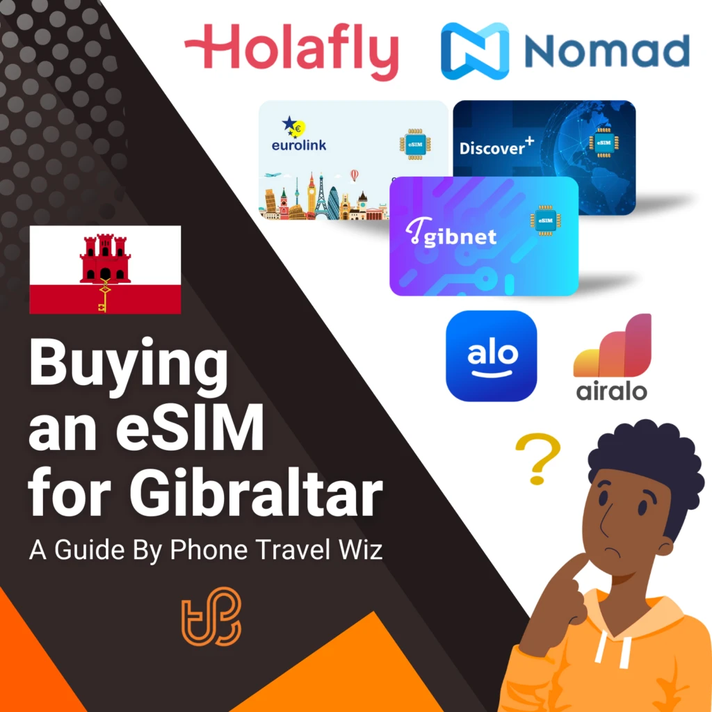 Buying an eSIM for Gibraltar Guide (logos of Holafly, Nomad, Eurolink, Discover+, Gibnet, Alosim & Airalo)
