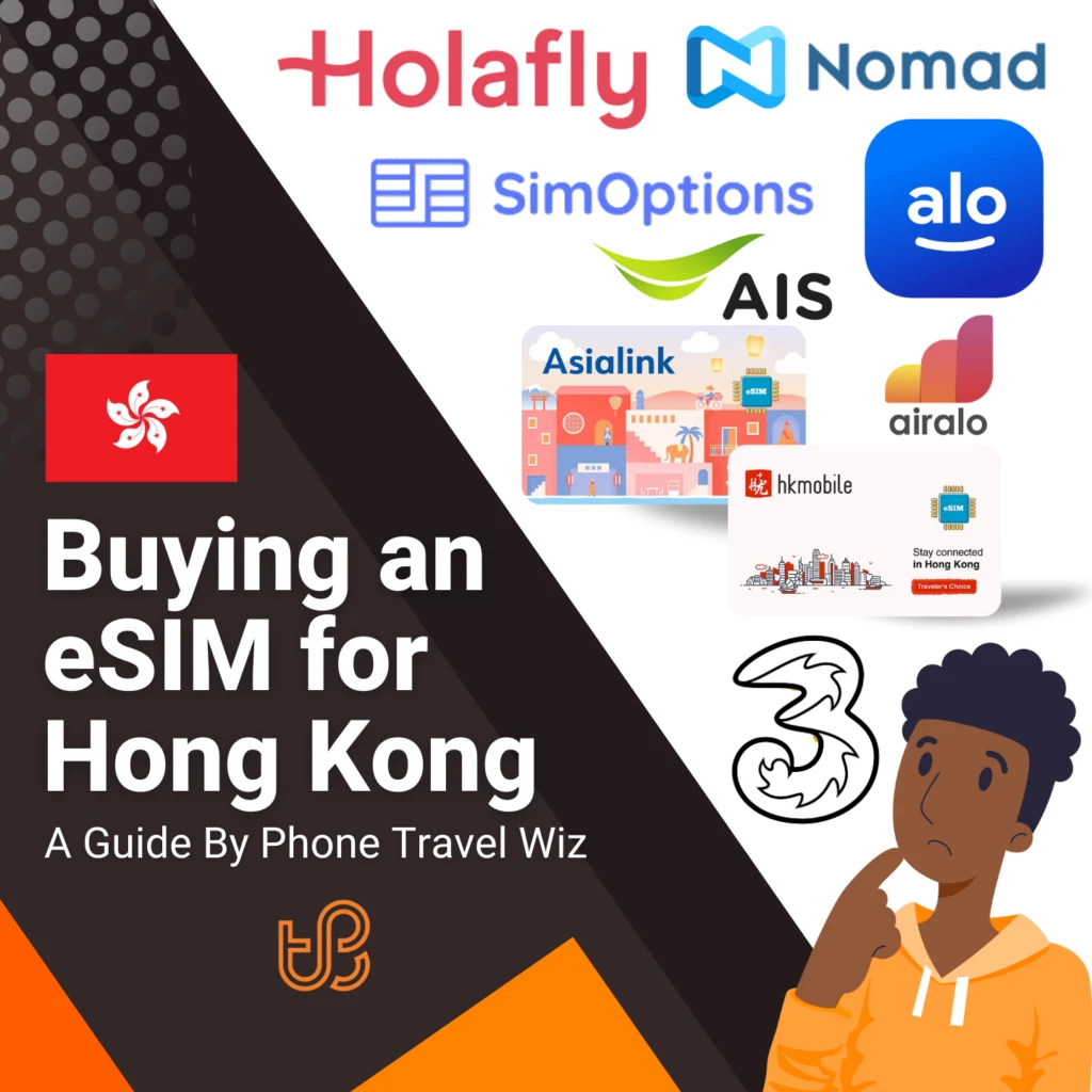 Buying an eSIM for Hong Kong Guide (logos of Holafly, Nomad, SimOptions, Alosim, AIS, Asialink, Airalo, Hkmobile & Three (3))