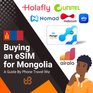 Buying an eSIM for Mongolia Guide (logos of Holafly, Unitel, Nomad, Mobicom, Alosim, Mongo Mobile & Airalo)
