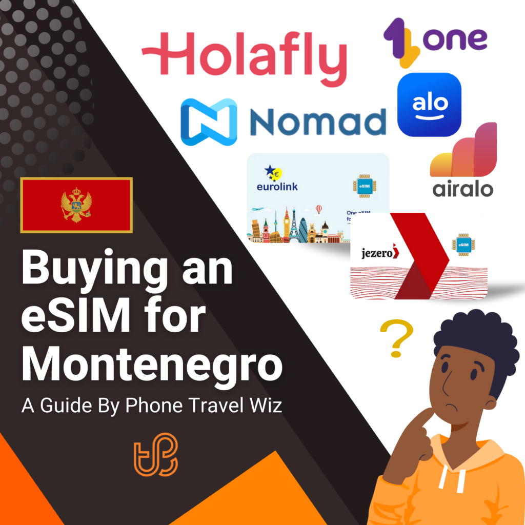 Buying an eSIM for Montenegro Guide (logos of Holafly, One, Nomad, Alosim, Eurolink, Airalo & Jezero)