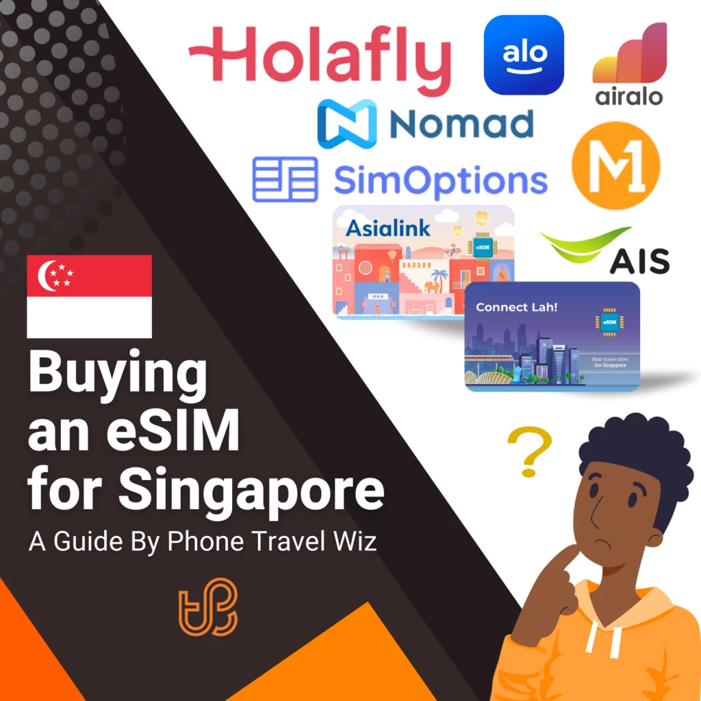Buying an eSIM for Singapore Guide (logos of Holafly, Alosim, Airalo, Nomad, SimOptions, M1, Asialink, AIS & Connect Lah!)