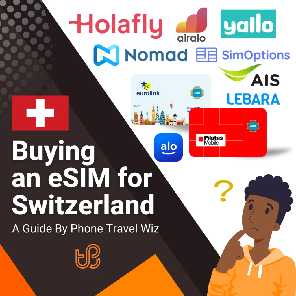 Buying an eSIM for Switzerland Guide (logos of Holafly, Airalo, Yallo, Nomad, SimOptions, Eurolink, AIS, Lebara, Alosim & Pilatus Mobile)