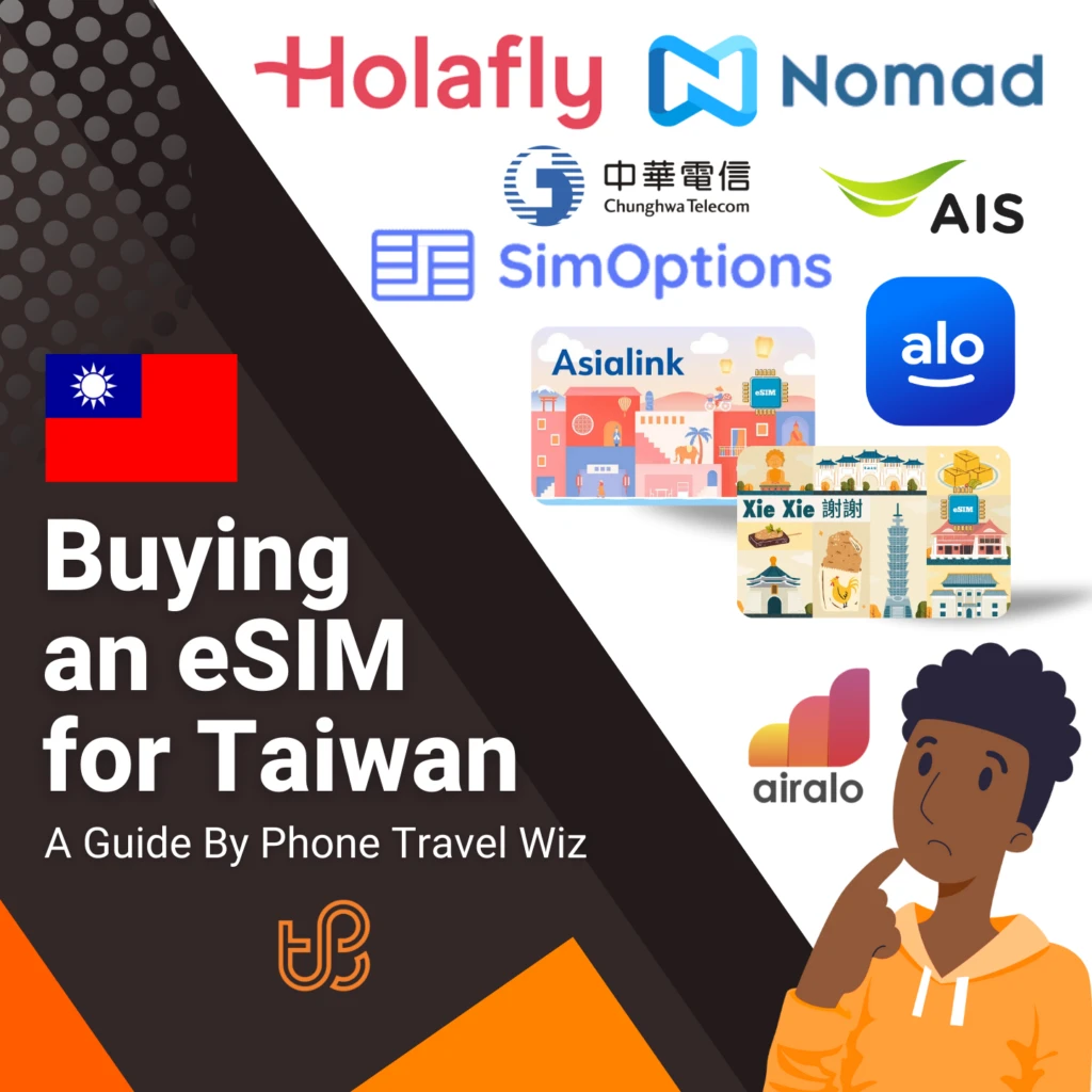 Buying an eSIM for Taiwan Guide (logos of Holafly, Nomad, Chunghwa Telecom, AIS, SimOptions, Asialink, Alosim, Xie Xie & Airalo)