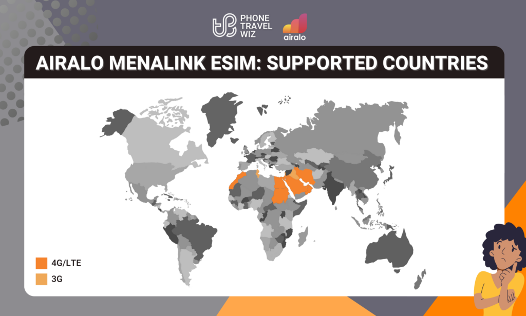 Airalo Menalink eSIM Eligible Countries Map Infographic by Phone Travel Wiz (August 2023 Version)