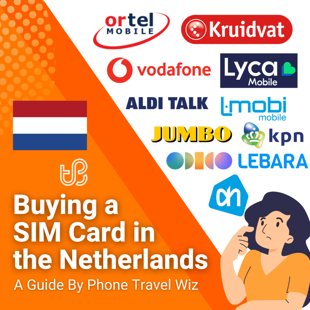 Buying a SIM Card in the Netherlands Guide (logos of Ortel Mobile, Kruidvat, Vodafone, Lyca Mobile, ALDI Talk, L-Mobi Mobile, Jumbo, KPN, Odido, Lebara & AH Mobiel)