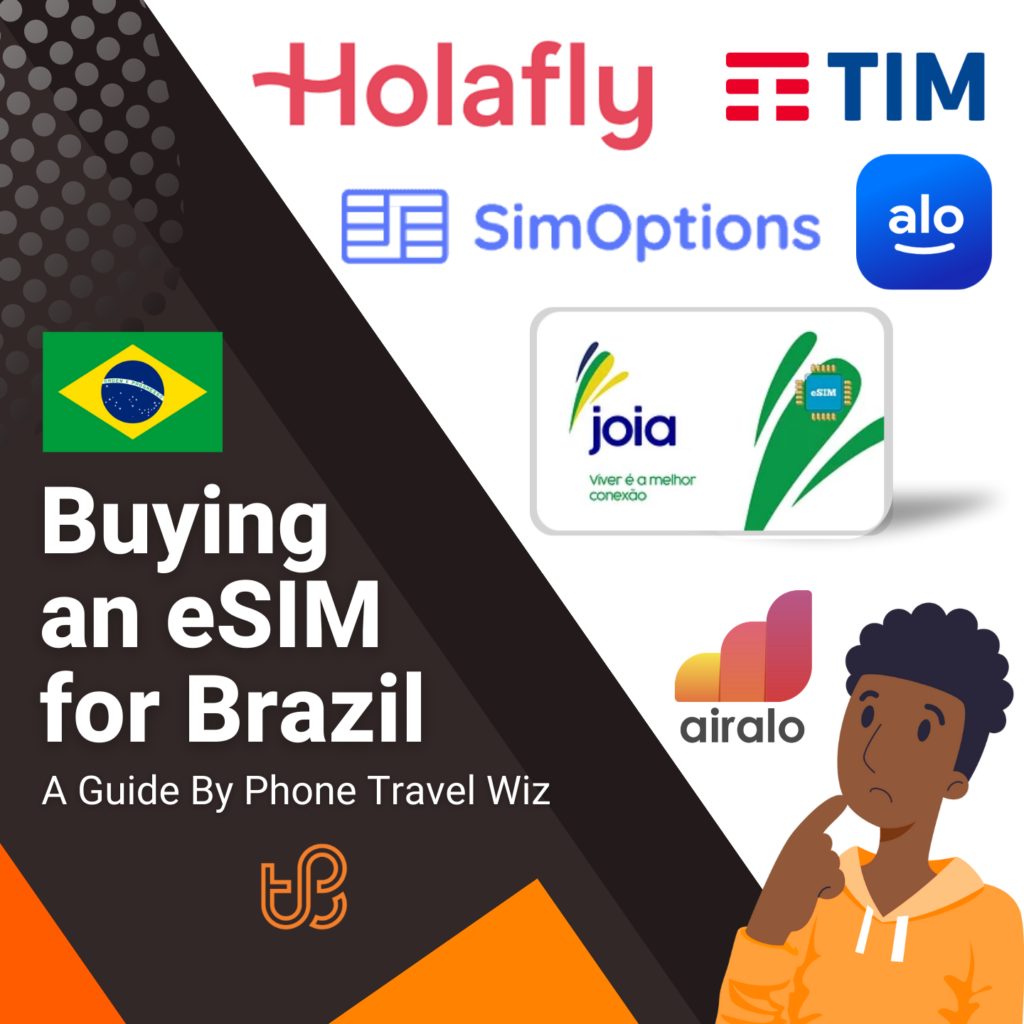 Buying an eSIM for Brazil Guide (logos of Holafly, TIM, SimOptions, Alosim & Joia)