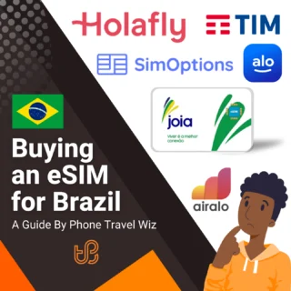 Buying an eSIM for Brazil Guide (logos of Holafly, TIM, SimOptions, Alosim & Joia)