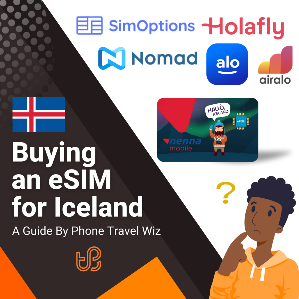 Buying an eSIM for Iceland Guide (logos of SimOptions, Holafly, Nomad, Alosim, Airalo & Nenna mobile)