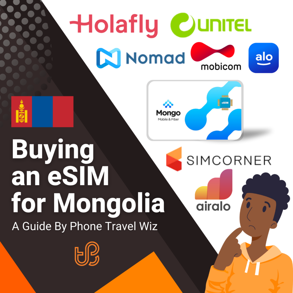 Buying an eSIM for Mongolia Guide (logos of Holafly, Unitel, Nomad, Mobicom, Alosim, Mongo Mobile & Fiber, SimCorner & Airalo)