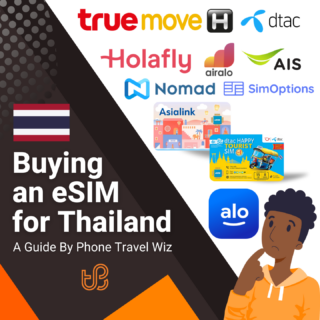 Buying an eSIM for Thailand Guide (logos of Truemove H, Dtac, Holafly, Airalo, AIS, Nomad, SimOptions, Asialink & Alosim)