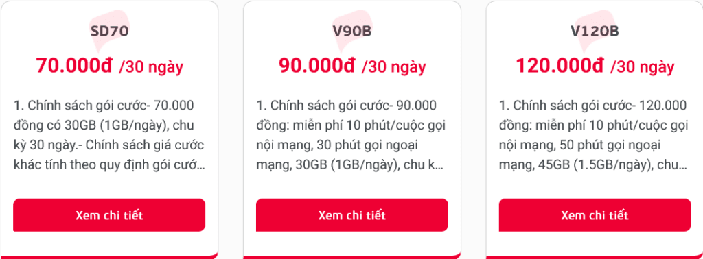 Viettel Mobile Vietnam Gói Cước chính Main Packages