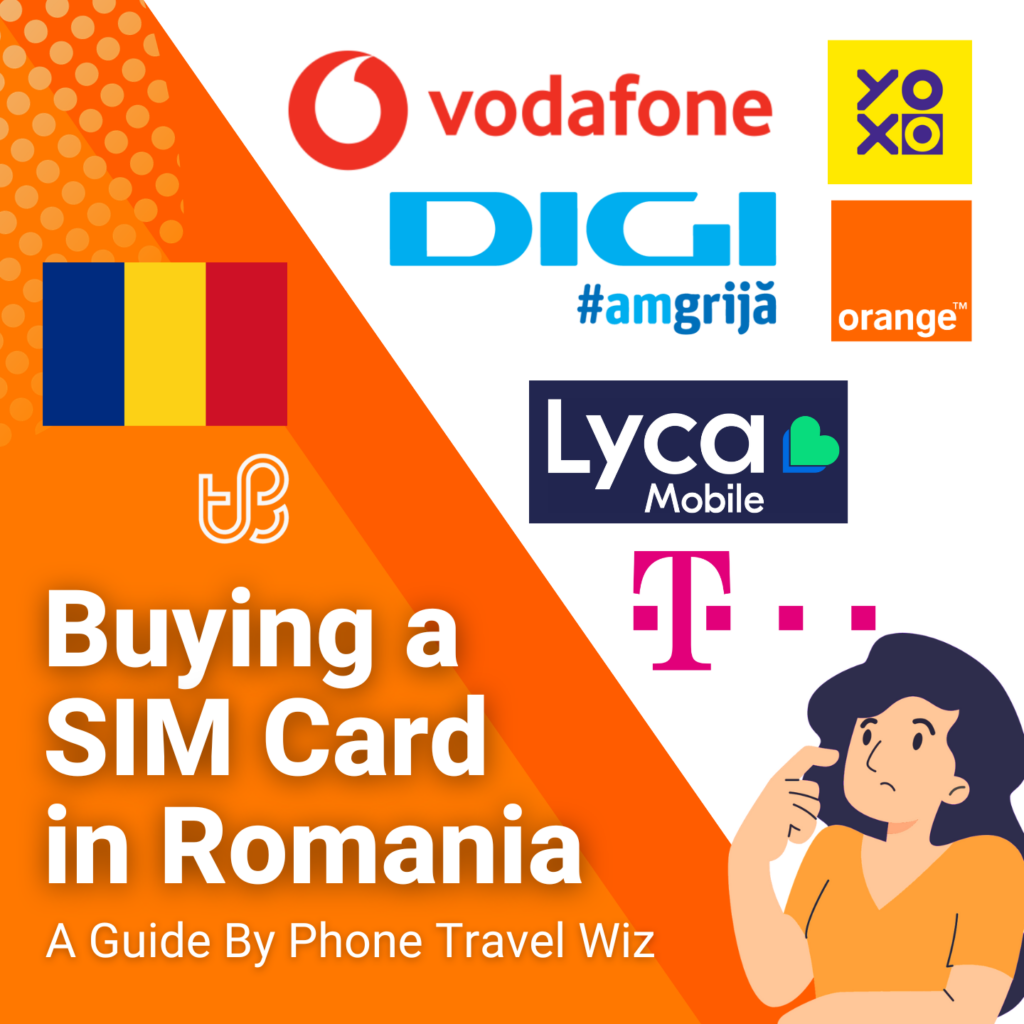Buying a SIM Card in Romania Guide (logos of Vodafone, YOXO, Digi, Orange, Lyca Mobile & T-Mobile)