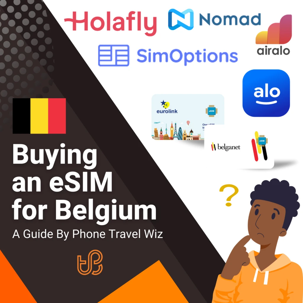 Buying an eSIM for Belgium Guide (logos of Holafly, Nomad, SimOptions, Airalo, Alosim, Eurolink & Belganet)