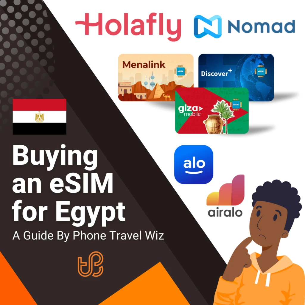 Buying an eSIM for Egypt Guide (logos of Holafly, Nomad, Menalink, Discover+, Giza Mobile, Alosim & Airalo)