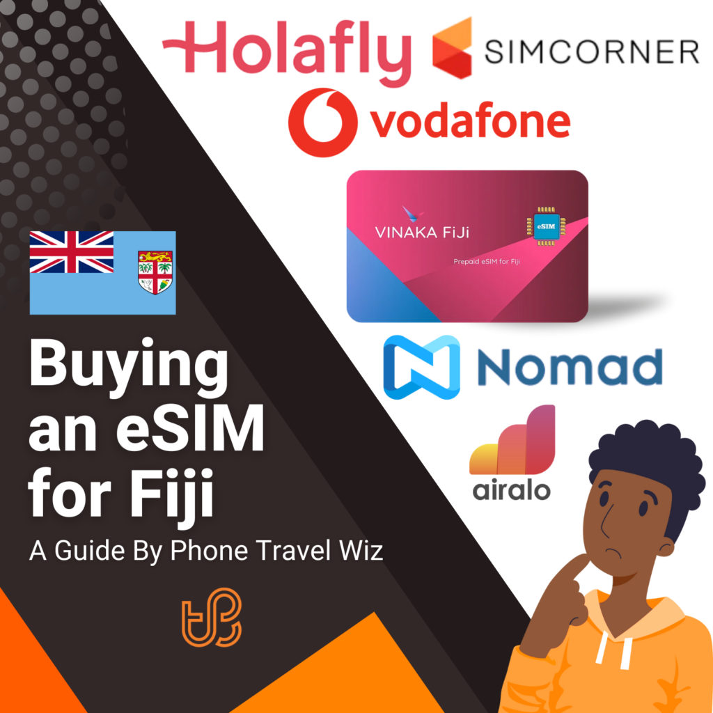 Buying an eSIM for Fiji Guide (logos of Holafly, Simcorner, Vodafone, Vinaka Fiji, Nomad & Airalo)