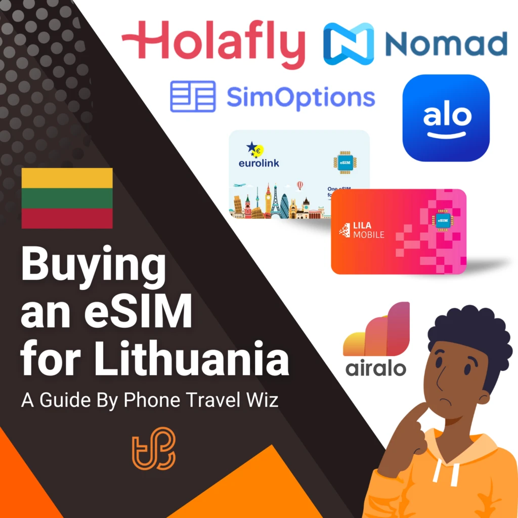 Buying an eSIM for Lithuania Guide (logos of Holafly, Nomad, SimOptions, Alosim, Eurolink, Lila Mobile & Airalo)