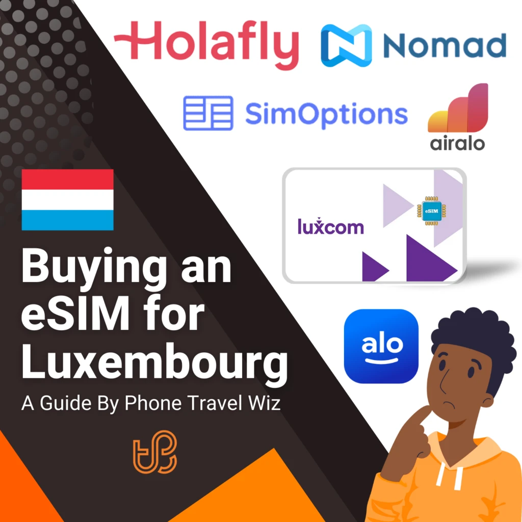 Buying an eSIM for Luxembourg Guide (logos of Holafly, Nomad, SimOptions, Airalo, Luxcom & Alosim)