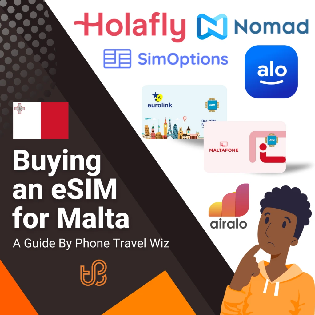 Buying an eSIM for Malta Guide (logos of Holafly, Nomad, SimOptions, Alosim, Eurolink, Maltafone & Airalo)
