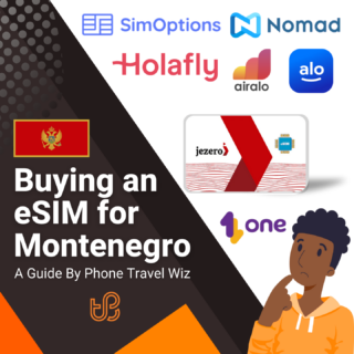 Buying an eSIM for Montenegro Guide (logos of SimOptions, Nomad, Holafly, Airalo, Alosim, Jezero & One)