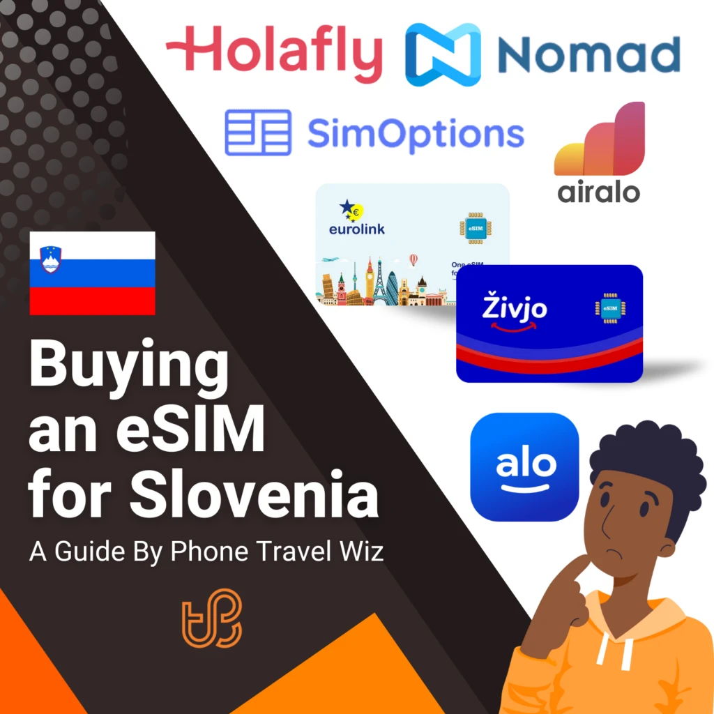 Buying an eSIM for Slovenia Guide (logos of Holafly, Nomad, SimOptions, Airalo, Eurolink, Živjo & Alosim)