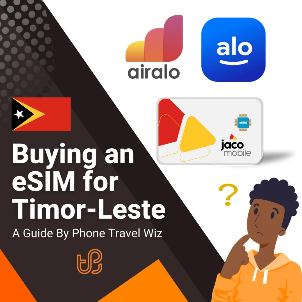 Buying an eSIM for Timor-Leste Guide (logos of Airalo, Alosim & Jaco mobile)