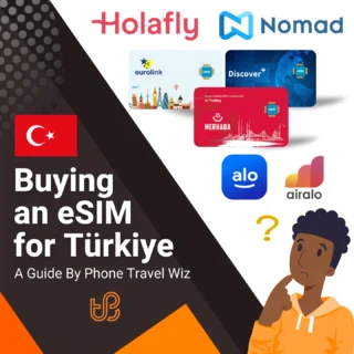 Buying an eSIM for Turkey Guide (logos of Holafly, Nomad, Eurolink, Discover+, Merhaba, Alosim & Airalo)