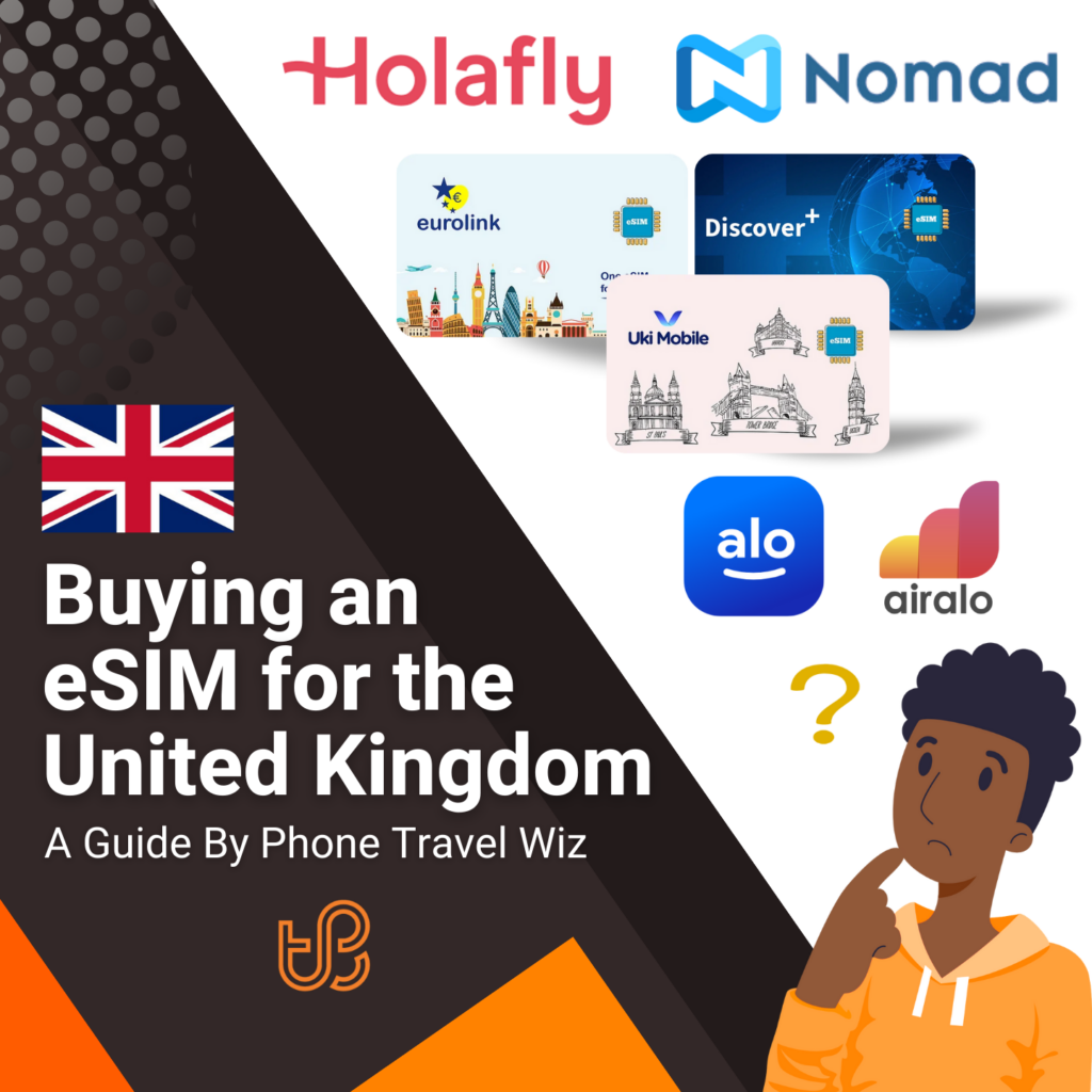 Buying an eSIM for the United Kingdom Guide (logos of Holafly, Nomad, Eurolink, Discover+, Uki Mobile, Alosim & Airalo)