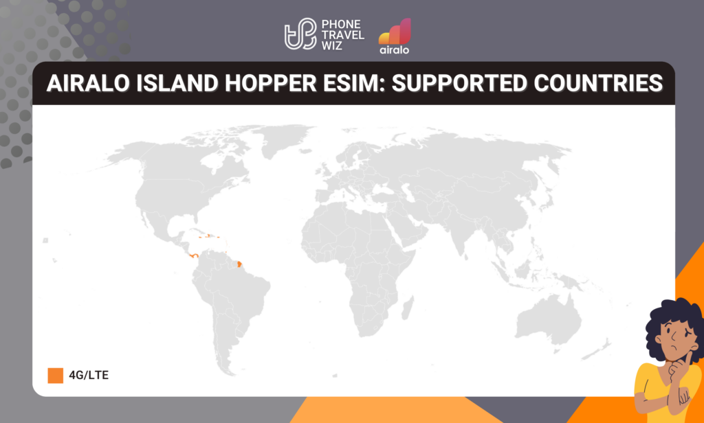 Airalo Island Hopper Caribbean eSIM Eligible Countries Map Infographic by Phone Travel Wiz (October 2023 Version)