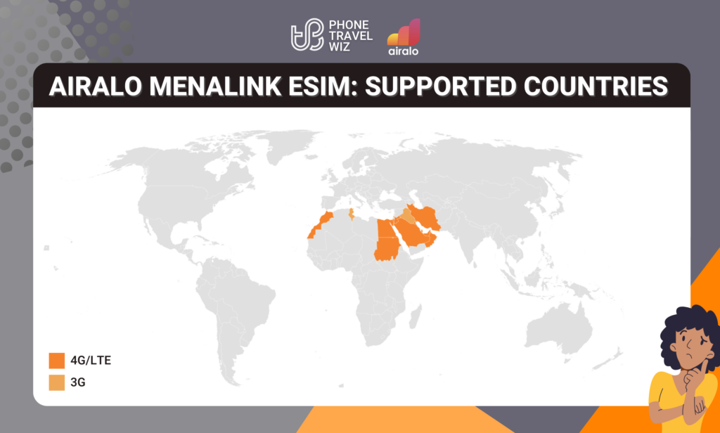 Airalo Menalink Middle East eSIM Eligible Countries Map Infographic by Phone Travel Wiz (October 2023 Version)