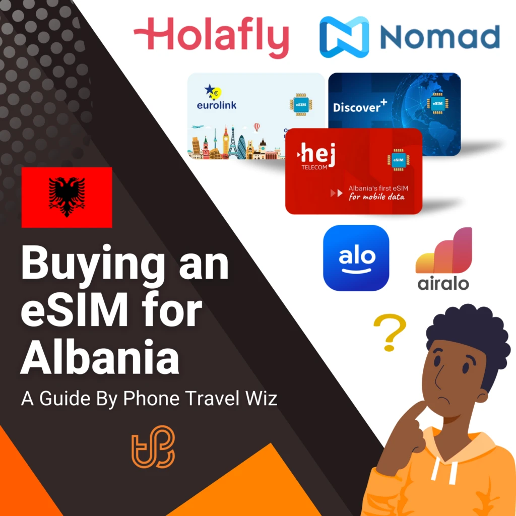 Buying an eSIM for Albania Guide (logos of Holafly, Nomad, Eurolink, Discover+, Hej Telecom, Alosim & Airalo)