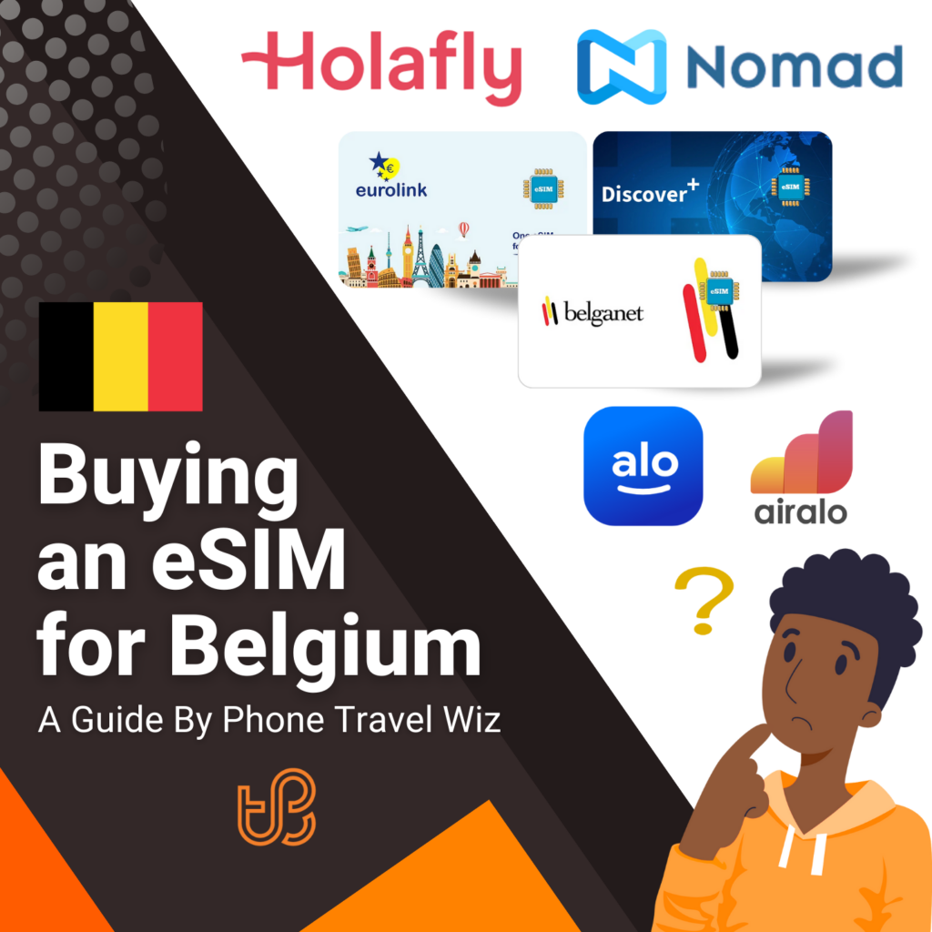 Buying an eSIM for Belgium Guide (logos of Holafly, Nomad, Eurolink, Discover+, Belganet, Alosim & Airalo)