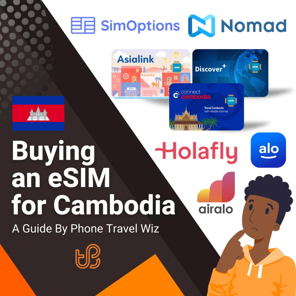 Buying an eSIM for Cambodia Guide (logos of SimOptions, Nomad, Asialink, Discover+, Connect Cambodia, Holafly, Alosim & Airalo)