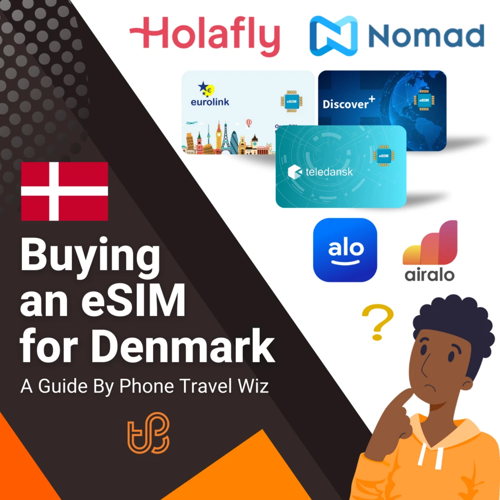 Buying an eSIM for Denmark Guide (logos of Holafly, Nomad, Eurolink, Discover+, Teledansk, Alosim & Airalo)