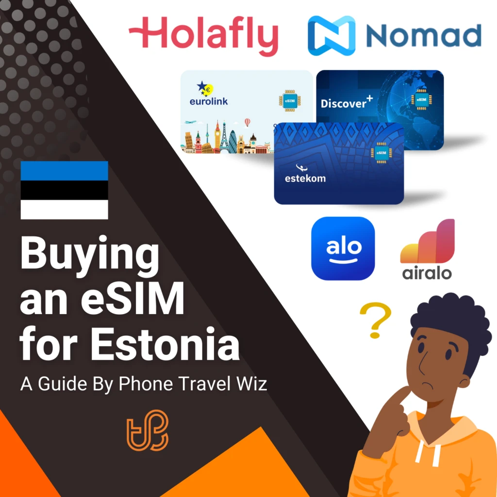 Buying an eSIM for Estonia Guide (logos of Holafly, Nomad, Eurolink, Discover+, Estekom, Alosim & Airalo)