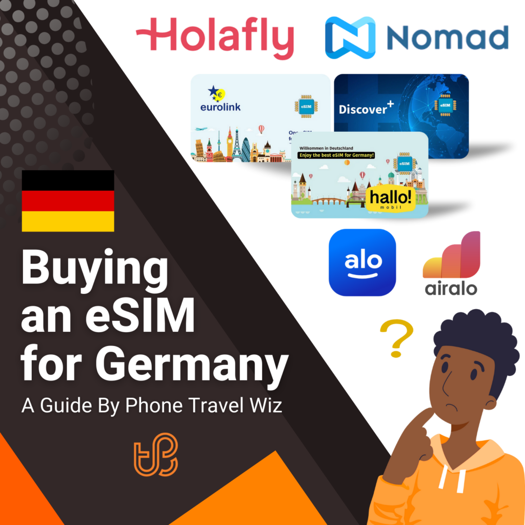 Buying  an eSIM for Germany Guide (logos of Holafly, Nomad, Eurolink, Discover+, Hallo! Mobil, Alosim & Airalo)