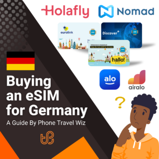 Buying an eSIM for Germany Guide (logos of Holafly, Nomad, Eurolink, Discover+, Hallo! Mobil, Alosim & Airalo)