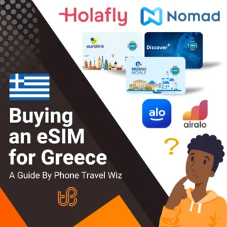 Buying an eSIM for Greece Guide (logos of Holafly, Nomad, Eurolink, Discover+, Meraki Mobile, Alosim & Airalo)